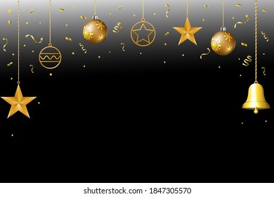 Vector illustration of Christmas background with Christmas ball star confetti gold and black colors for text Christmas balls.