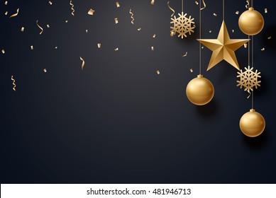 vector illustration of christmas background with christmas ball star snowflake confetti gold and black colors lace for text 2018 2019 2020