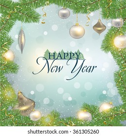 Vector illustration, Christmas background with branches of Christmas tree and toys in the snow.