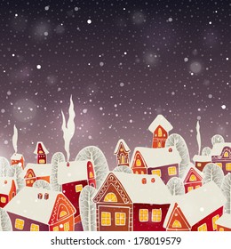 Vector Illustration of a Christmas Background. Card of winter landscape with decorated house and Christmas tree. Merry Christmas!