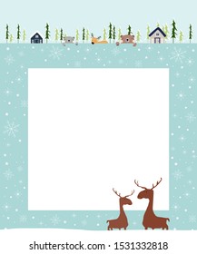 Vector Illustration of Christmas background with copy space for text or messages with cute cartoon reindeer, polar bear and trees, Christmas decorations frame