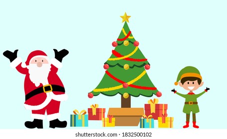 vector illustration for Christmas background with decorated Christmas tree, Santa, elf and presents