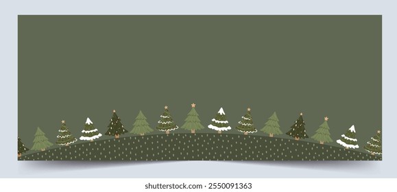 A Vector illustration of a Christmas background featuring decorated Christmas trees lined up on a snowy green landscape, creating a festive scene