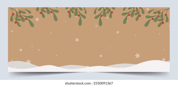 A Vector illustration of a Christmas background featuring mistletoe branches and snowflakes over a soft beige backdrop, creating a festive and elegant scene