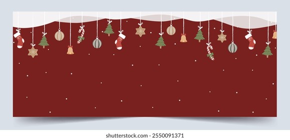 Una Ilustración vectorial de un fondo de Navidades con adornos colgantes, medias y decoraciones festivas contra un fondo rojo nevado