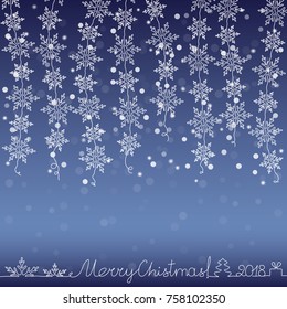 Vector illustration. Christmas background garlands of snowflakes with greetings, Christmas tree, gift and date.