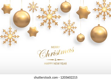 Vector illustration of Christmas background with golden realistic christmas ball, star, snowflake decorations isolated on white. New year and xmas holiday winter concept