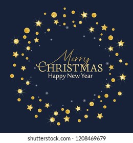 Vector illustration of a Christmas background. Merry Christmas card with golden stars. Gold decoration on blue background