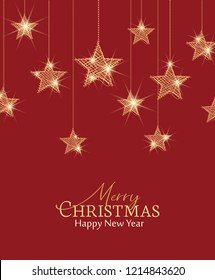 Vector illustration of a Christmas background. Merry Christmas card with golden stars. Gold decoration on red background