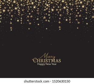 Vector illustration of a Christmas background. Merry Christmas card with golden stars. Gold decoration on black background. Cheerful party and celebration