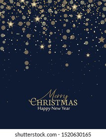 Vector illustration of a Christmas background. Merry Christmas card with golden stars. Gold decoration on blue background. Cheerful party and celebration
