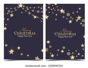 Vector illustration of a Christmas background. Merry Christmas card with golden stars. Gold decoration on blue background. Cheerful party and celebration