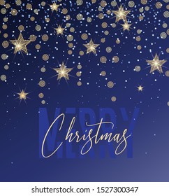Vector illustration of a Christmas background. Merry Christmas card with golden stars. Gold decoration on blue background