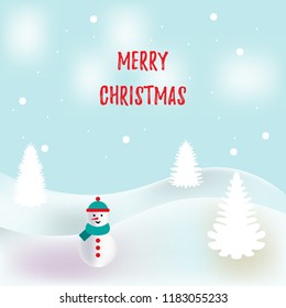 Vector illustration. Christmas background, poster decor, card with christmas trees and snowman. Winter landscape background with fir trees, snowman and snowflakes.