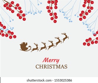 vector illustration of Christmas background with red berries, Santa Claus flying with reindeer. 