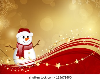 Vector Illustration of a Christmas Background with a Small Snowman