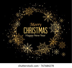 Vector illustration of Christmas background with snowflakes. Golden snow