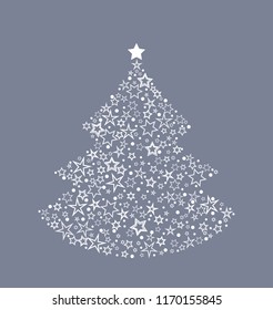 Vector illustration of a Christmas background. Christmas tree made of stars. Happy Christmas greeting card.