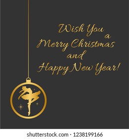 Vector Illustration with Christmas ball with dancing balerina silhouette  in black and gold colors. Perfect for greeting cards design, beauty posters, fashion banners. Eps10