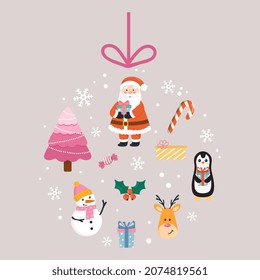 Vector illustration of a Christmas ball with festive elements. Illustration for greeting cards, posters and seasonal designs.