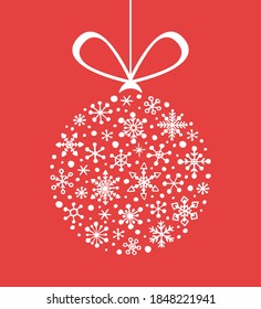 Ilustración vectorial de la bola de Navidad con copos de nieve dibujados a mano. Silhouette aislada de fondo rojo