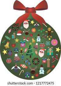 Vector illustration christmas ball  isolated on a white background decorated with different icons. Christmas elements