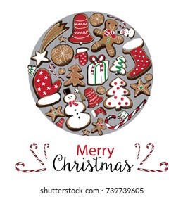 Vector illustration of Christmas ball made from christmas gingerbread cookies on white background. Merry Christmas