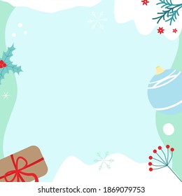Ilustración vectorial con bola de navidad, presente, bayas y lugar de texto. Para la tarjeta de saludo y la invitación al partido, afiche o portada, paquete, publicidad, publicación en medios sociales o correo, banner.
