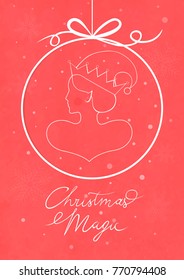 Vector illustration with a Christmas ball, a profile of the elf-girl in a cap and a handwritten lettering