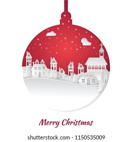 Vector illustration Christmas ball with Winter  Countryside Landscape  Village, Happy new year and Merry Christmas paper art and digital craft style. Double exposure. 