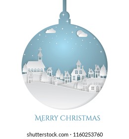 Vector illustration Christmas ball with Winter  Countryside Landscape  Village, Happy new year and Merry Christmas paper art and digital craft style. Double exposure. 