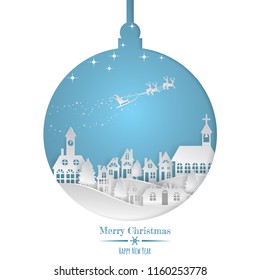 Vector illustration Christmas ball with Winter  Countryside Landscape  Village,  Santa Claus on the sky coming to City, Happy new year and Merry Christmas paper art and digital craft style. 