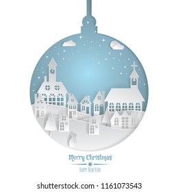 Vector illustration Christmas ball with Winter  Countryside Landscape  Village, Happy new year and Merry Christmas paper art and digital craft style. Double exposure. 