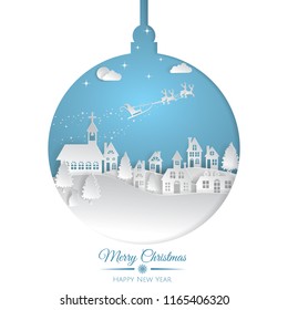 Vector illustration Christmas ball with Winter  Countryside Landscape  Village,  Santa Claus on the sky coming to City, Happy new year and Merry Christmas paper art and digital craft style. 