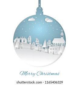 Vector illustration Christmas ball with Winter  Countryside Landscape  Village, Happy new year and Merry Christmas paper art and digital craft style. Double exposure. 