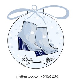 Vector illustration of Christmas Ball with winter women shoes. Shoe for lady on every day. Shopping sale and discount. Holiday isolated object.