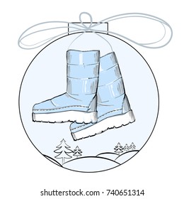 Vector illustration of Christmas Ball with winter women shoes. Shoe for lady on every day. Shopping sale and discount. Holiday isolated object.