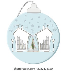Vector illustration of a christmas ball.Christmas toy with a picture of a winter house and tree.Isolated on white background.Beautiful element for desing holiday card,wapping paper,icon,textile print.