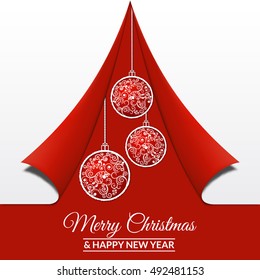 Vector illustration. Christmas balls decorated with a delicate pattern on the background of trees from cut paper. Design for greeting card, banner, invitation, poster