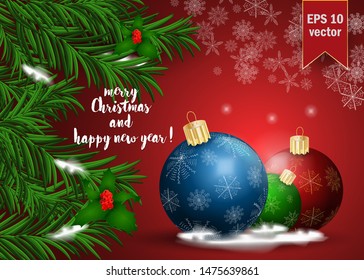 vector illustration of Christmas balls decoration among snowflakes on spruce branch, background design EPS 10
