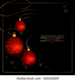 Vector Illustration of Christmas Balls, New Year Decorative with golden traditional Line Thai Arts on black background