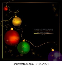 Vector Illustration of Christmas Balls, New Year Decorative with golden traditional Line Thai Arts on black background