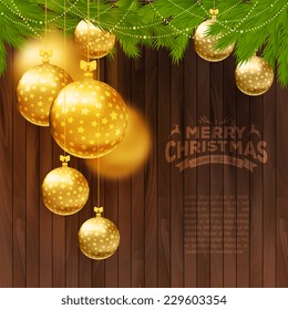 Vector illustration of Christmas balls on wooden background