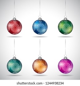 Vector Illustration of Christmas Balls with Ornamental Shapes and Silver String isolated on a White Background