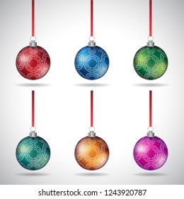Vector Illustration of Christmas Balls with Round Maze Design and Red Ribbon isolated on a White Background