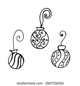 Vector illustration of Christmas balls set. Doodle sketch. Christmas balls on a white background. Design for print, banner, greeting card, logo, stickers, icons