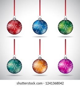 Vector Illustration of Christmas Balls with Snowflake Design and Red Ribbon - Style 7 isolated on a White Background