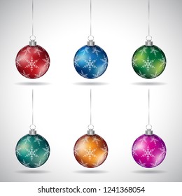 Vector Illustration of Christmas Balls with Snowflake Design and Silver String - Style 6 isolated on a White Background