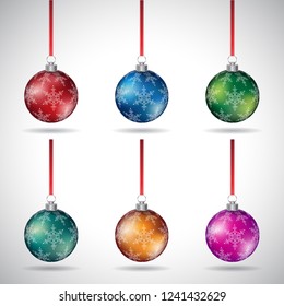 Vector Illustration of Christmas Balls with Snowflake Design and Red Ribbon - Style 4 isolated on a White Background