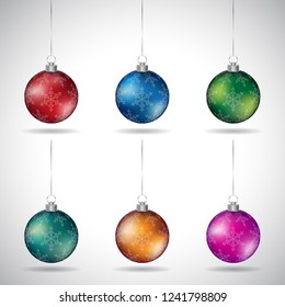 Vector Illustration of Christmas Balls with Snowflake Design and Silver String - Style 3 isolated on a White Background